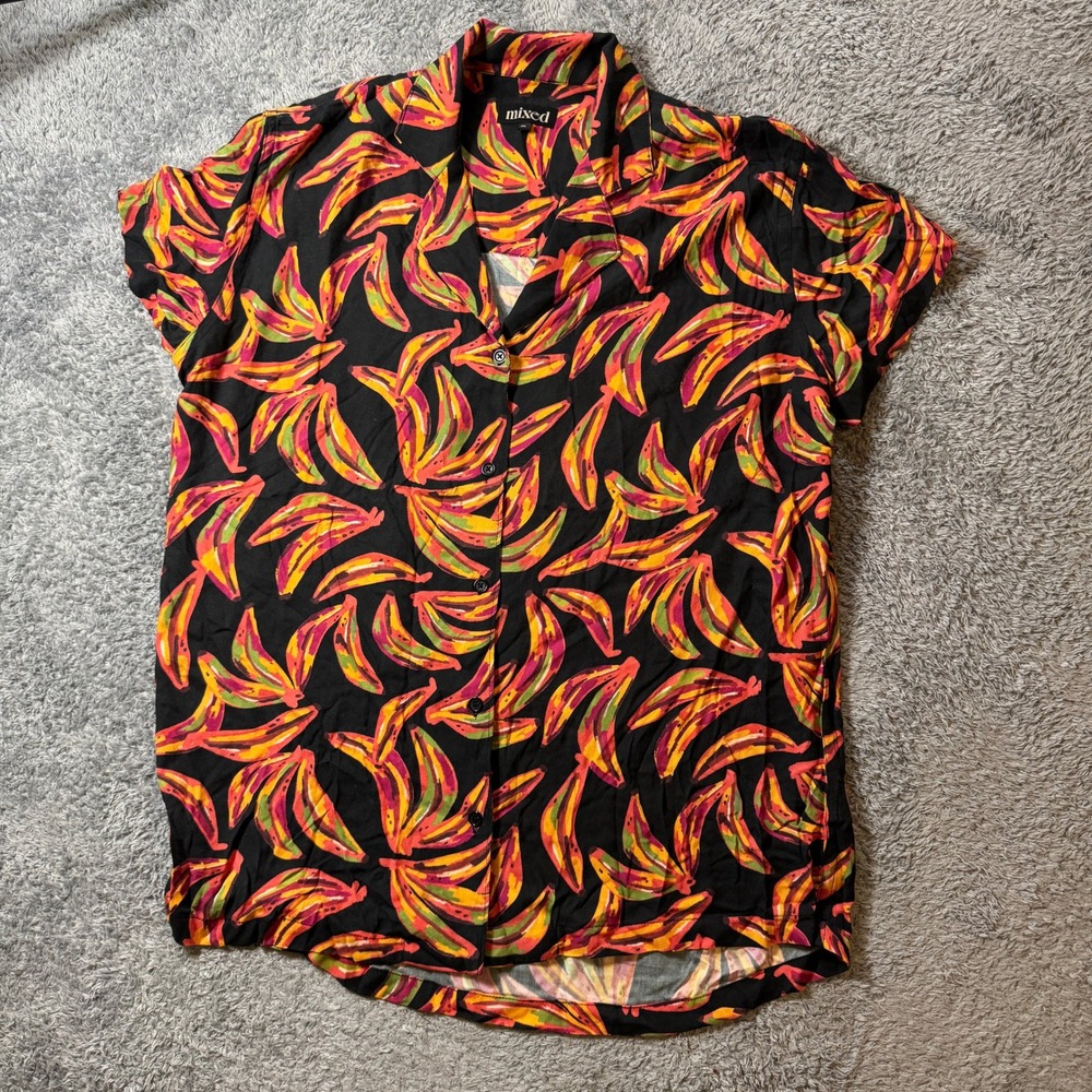 Mixed Unisex Banana Print Camp Shirt XL Black Tropical Fruit Pattern Rayon